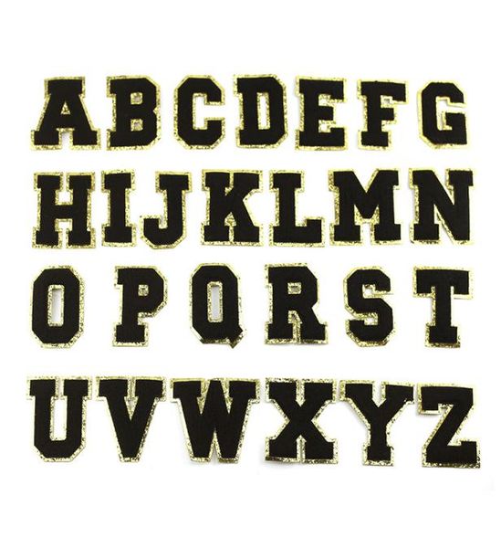 Lettres noires avec des paillettes or paillettes CHENILLE Patches de serviette Broderie Rainbow Gritt Alphabet Iron sur le nom d'autocollant Vêtements DIY 8391851