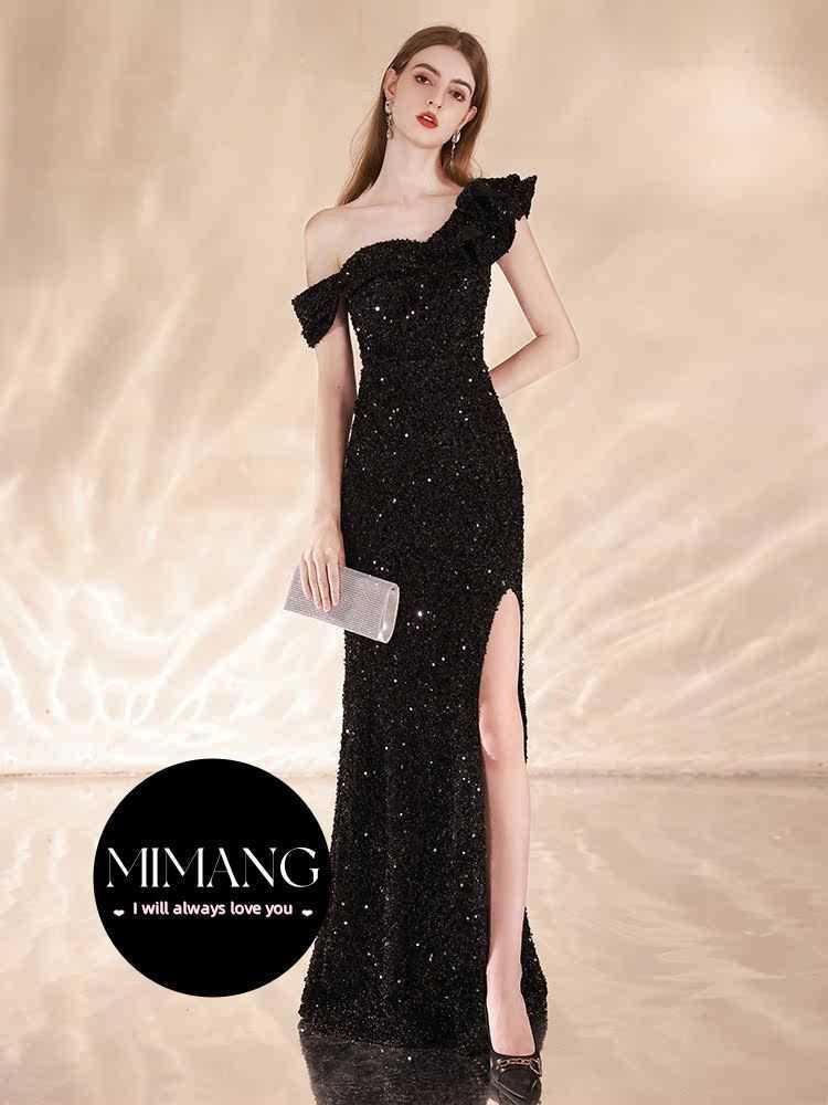 Black light luxury evening dress Party Dress One-Shoulder mermaid sequins banquet temperament high-end long skirt female