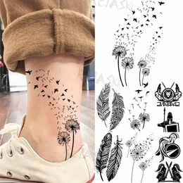 Black Little Dandelion Fashion pieds tatouages temporaires pour les femmes Plume adulte Spartan Faux réaliste tatouage Art du corps Tatoo Decal 240423