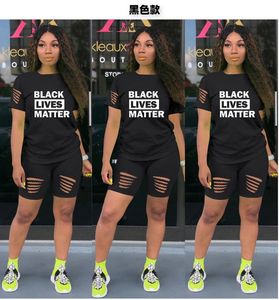 Black Lives Matter Letter Trainingspak Dames 2 Stukshorts Set Gescheurde gaten Korte Mouw T-shirt Tops Outfit Summer Sports Pak GGA3504