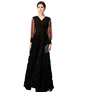 Zwart lange avondjurk elegante kanten met lange mouwen formele jurken mode v-neck dames feestjurk ru86