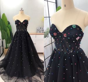 Zwart lange formele jurken prom kleurrijke parels kristal gedrapeerde tule jurken avondkleding sweetheart pageant speciale gelegenheid vrouwen meisjes