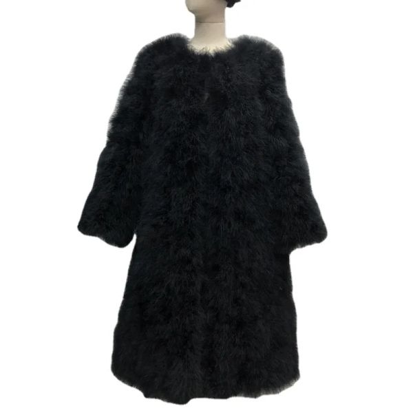 Chaleco largo negro de piel de avestruz genuina, abrigo de piel Natural para mujer, largo