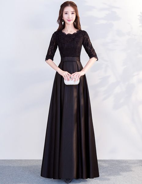 Robes de demoiselle d'honneur noires longues et modestes avec demi-manches Nouvelle longue longueur de plancher A-ligne femmes modeste robe de soirée de mariage sur mesure