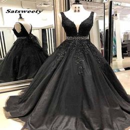 Robes de bal longues noires avec perles col en V robe de bal Tulle Appliques dentelle robe de soirée arabe saoudienne robe abiye gece elbisesi303o