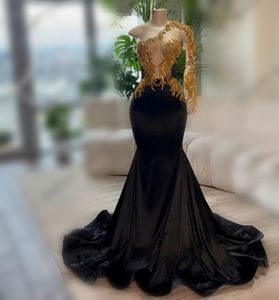 Robe de bal longue noire pour filles noires, avec appliques de perles dorées, épaule dénudée, manches longues, robes d'anniversaire, Robe de soirée, 2024