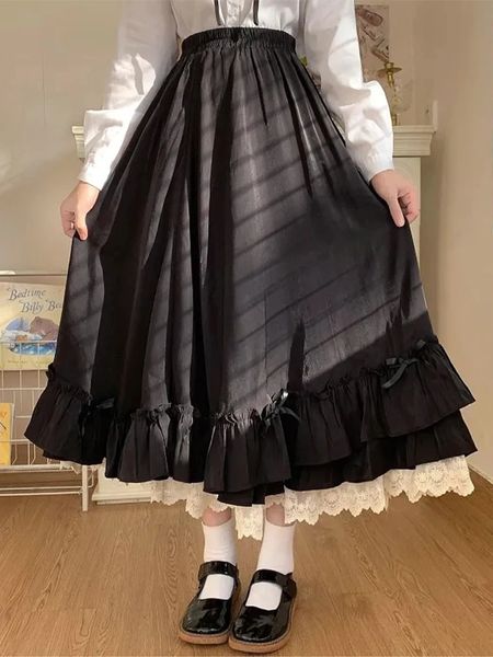 Jupes longues noires Femmes japonais kawaii preppy style lolita jupe femelle française vintage double couche jupe plissée à volants 240408