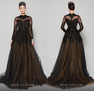 Zwarte lange mouwen 2020 prom jurken een lijn hoge nek kralen geappliceerd kant avondjurk feestkleding op maat gemaakte luxe formele jurken