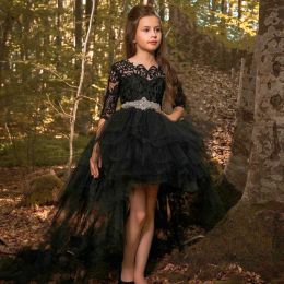 Robes de fille fleurie à manches longues noires pour mariage Crystal Sash en dentelle perle Appliques Rangs de concours pour filles robes pour enfants