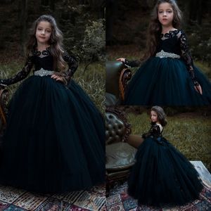 Robes de fille de fleur à manches longues noires pour les mariages Vintage dentelle appliquée robe de concours pour tout-petits cristal petites robes de bal de communion de bébé