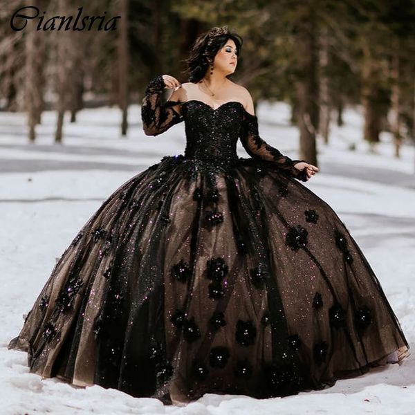 Robe De bal noire à manches longues, paillettes, cristal, épaules dénudées, fleurs 3D, Appliques, Corset, robes De 15 ans