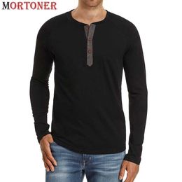 Camiseta negra de manga larga Henley para hombre, camiseta ajustada de manga raglán a la moda para hombre, camisetas informales de algodón Premium para hombre, Camisetas 210522