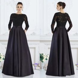 Zwarte lange mouwen elegante formele jurk A-lijn juweel kant kralen moeder van de bruid jurken op maat gemaakte vrouwen avondkleding