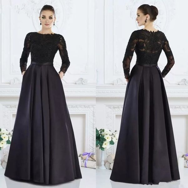 Vestido formal elegante de manga larga negro Una línea de encaje joya con cuentas Vestidos para madre de la novia Ropa de noche para mujer hecha a medida