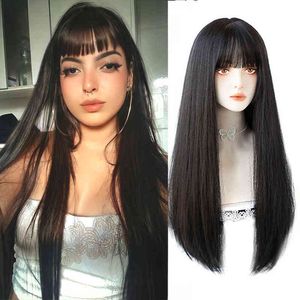 Perruque synthétique noire longue et lisse pour femme, frange Anime, fête Cosplay Lolita 220622