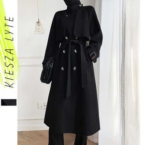 Zwarte lange wollen jas voor vrouwen Britse stijl elegante hepburn wollen jas jas kantoor dame bovenkleding hoge kwaliteit 210608