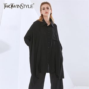 Zwart losse shirt voor vrouwen revers lange mouw onregelmatige zoom casual blouse vrouwelijke lente mode kleding 210524