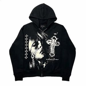 Sudadera con capucha con cremallera suelta negra para hombre con estampado de cabeza cruzada americana calle Harajuku sudadera de gran tamaño Y2K punk chaqueta de pareja japonesa 240123