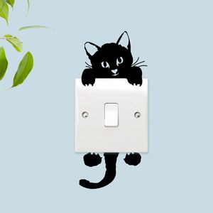 Noir beau chat interrupteur de lumière téléphone Stickers muraux pour bricolage décoration de la maison dessin animé animaux décalcomanies PVC Art Mural