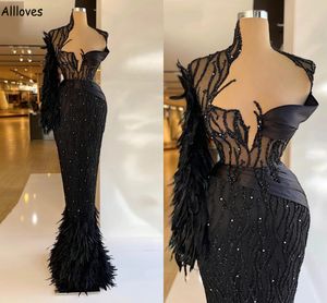 Zwarte luxueuze veren lovertjes avondjurken glanzende een schouder klassieke prom feestjurken met lange mouw vrouwen speciale gelegenheid jurk zeemeermin formeel CL1756