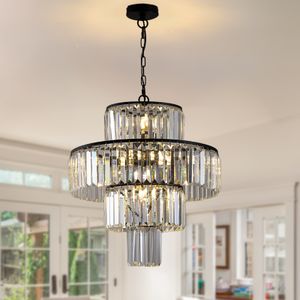 Lustre en cristal de luxe noir, lustres modernes, luminaire suspendu, luminaire suspendu pour salle à manger, chambre à coucher, salon, diamètre 19,7 pouces, noir