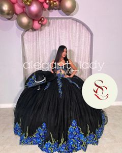 Robes de luxe noires Charro Quinceanera mexicaines, avec des appliques bleues brodées, Corset désossé, robes de 15 quinceanera, 2024