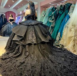 Princesa Black Luxury Quinceanera Vestidos fuera del hombro 3D Floral Appliique Bordado Corsé Vestido de 15 Quinceaneras 2024