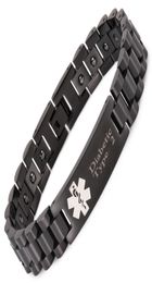 Bracelets d'alerte médicale magnétique noire pour hommes avec 20 pcs diabétiques hématites de type 2 et 1 215cm12mm7750905