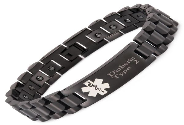 Bracelets d'alerte médicale magnétiques noirs pour hommes avec 20 pièces hématite diabétique de type 2 et 1 215cm12mm3613099