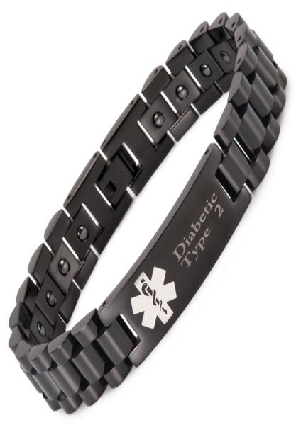 Bracelets d'alerte médicale magnétique noire pour hommes avec 20 pcs diabétiques hématites de type 2 et 1 215cm12mm7336678