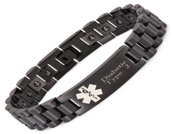 Bracelets d'alerte médicale magnétiques noirs pour hommes avec 20 pièces hématite diabétique de type 2 et 1 215cm12mm8384344