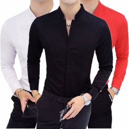 Noir Homme Stretch Lg Chemises à manches / Col montant de haute qualité pour hommes Pure Slim Fit Busin Chemise Rouge Blanc Camisa Homme Chemise e5Yp #