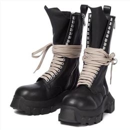 Zwarte Man Motorlaars Echt Leer Mannelijke Mid Hak Hoge Laarzen Lace Up Heren Outdoor Boot