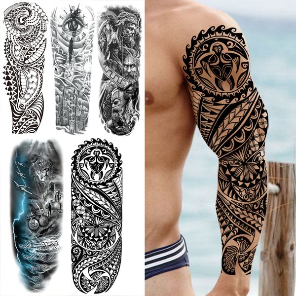 Manchon de tatouages temporaires Totem de tortue Maori noire pour hommes adultes guerrier spartiate yeux de Lion faux autocollant de tatouage bras complet Tatoo