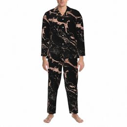 Zwart Marmeren Pyjama Sets Herfst Stijlvol Modern Print Dagelijks Nachtkleding Heren 2 Stuks Vintage Oversize Nachtkleding Verjaardagscadeau 653P #