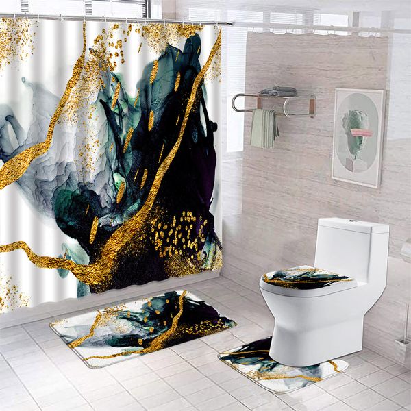 Cortina de ducha de mármol negro y alfombra cortina de ducha juego de dorado de lujo Arte texturizado Cortina para el asiento del asiento del inodoro Decoración del baño