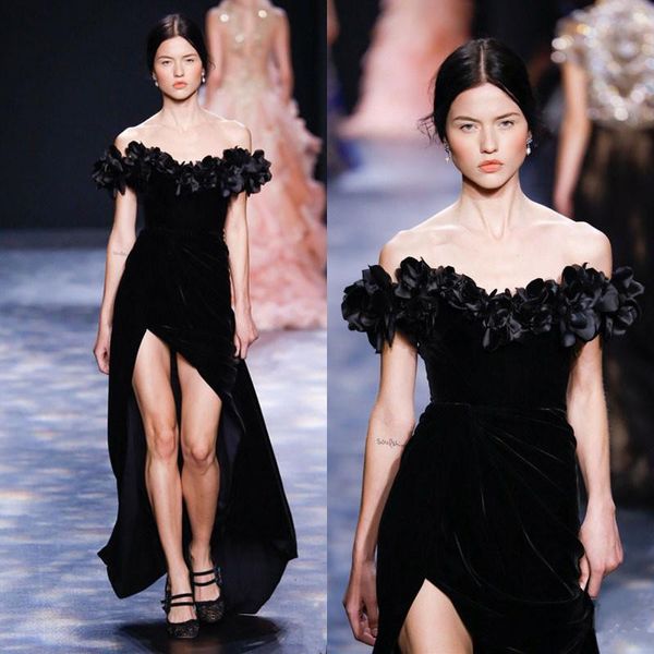 Noir Marchesa Split Velours Sirène Robes De Soirée 2019 Nouveau De L'épaule Fleur Appliqued Femmes Robes De Bal Plus La Taille Robe Formelle