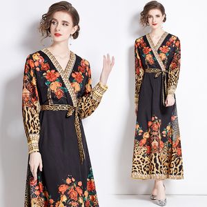 Zwarte maxi-jurk voor dames Designer retro bloemenprint ceintuur met strik aan de zijkant vakantie gewaden 2023 herfst winter lange mouwen slank boho feestjurken dames vestidos