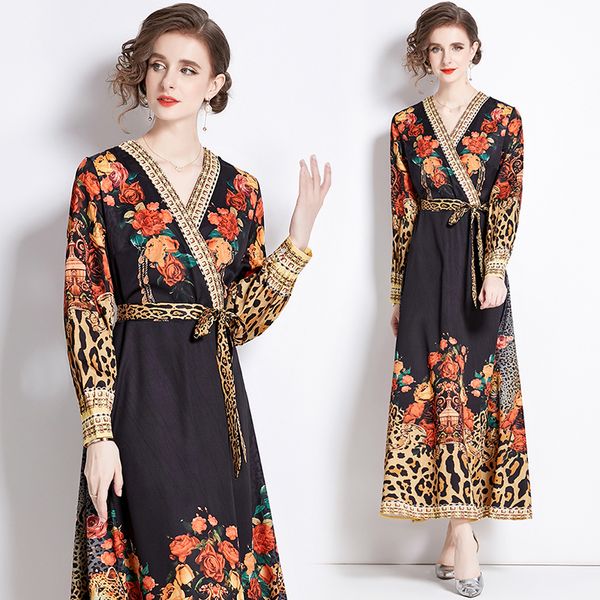 Robe Maxi noire pour femmes Designer rétro imprimé floral ceinturé côté Bow Wrap robe robes de vacances 2023 automne hiver à manches longues mince Boho fête robes dames robes