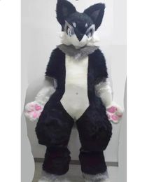 Zwart Medium Long Fur Husky Fox Mascot Costume Walking Halloween Suit Party Role Play