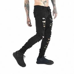Noir Hommes Jeans N Pieds High Street Punk Rock Micro Tissu Élastique Homme Ripped Jean Cultiver Moralité Pantalon Hardcore o0Ec #
