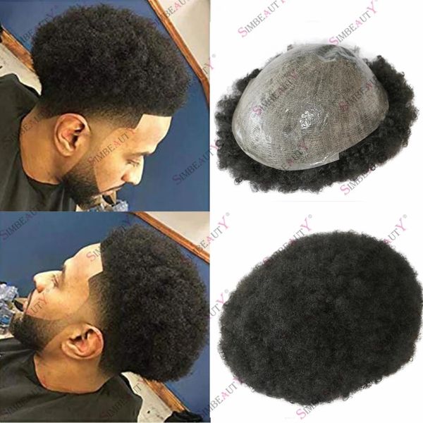 Peluca de pelo Afro para hombre, tupé de cabello humano negro para hombre, Base de piel duradera de densidad 130, fácil de pegar, técnica inyectada hecha a máquina