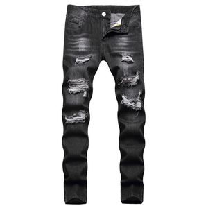 Zwarte heren gescheurde slanke fit jeans mode casual multi holes denim broek recht streetwear zomer pantalones maat 28-42