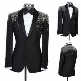 Trajes de hombre negro hecho a medida de una pieza Blazer One Butt Sheer Lapel con cuentas Diamds Jacket Busin Wedding Groom a medida z55B #