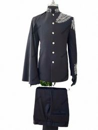Costumes pour hommes noirs sur mesure 2 pièces Blazer Pantalon sans revers Butts Luxe Mariage Tuxedo Appliques perlées sur mesure Plus Taille z8k9 #