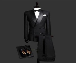Zwarte mannen Pak sjaalkraag Dubbele borsten bruiloft bruidegom Tuxedos Slim Fit formele zakelijke pak bruidegomsmannen Men Kostuums Custom5047797