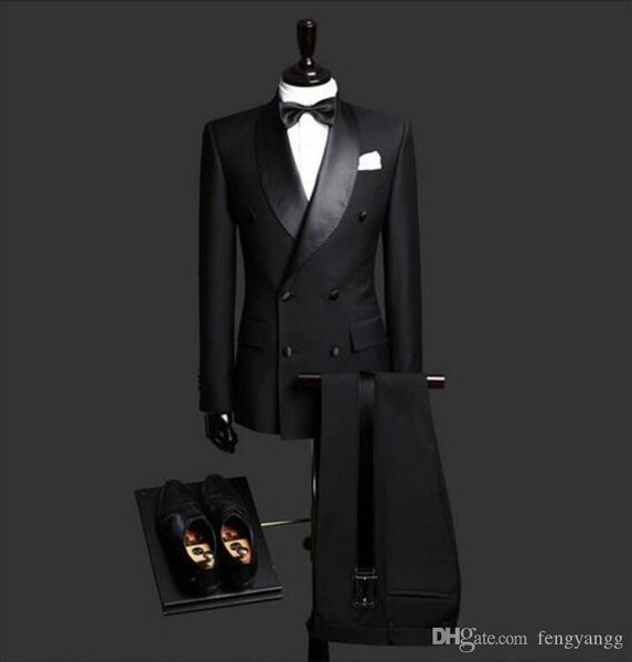Costume noir pour hommes, col châle, Double boutonnage, Tuxedos de marié, coupe cintrée, costume d'affaires formel, meilleurs costumes pour hommes (pantalon + manteau)