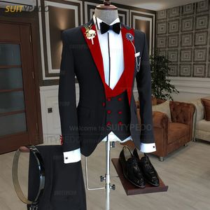 Zwarte mannen passen slanke mode Red Velvet Rapel Blazer Vestbroek 3 -delige Talformade Homecoming Business Wedding Mens Tuxedos 231221