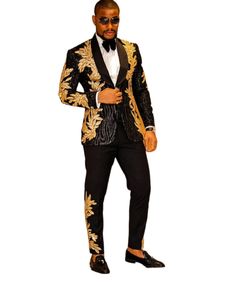 Traje negro para hombre, dos piezas, bordado de lentejuelas, esmoquin para novios de boda, hecho a medida, traje Formal de graduación con un botón, chaqueta y pantalones