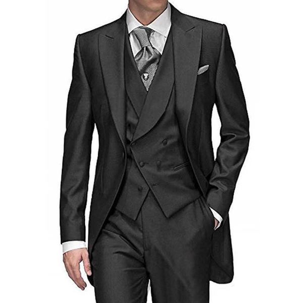 Abrigo de cola negro para hombre, para boda, solapa en pico, trajes masculinos personalizados, esmoquin para novio, ropa de padrino, chaqueta de 3 piezas con pantalones, chaleco 2021 X0909